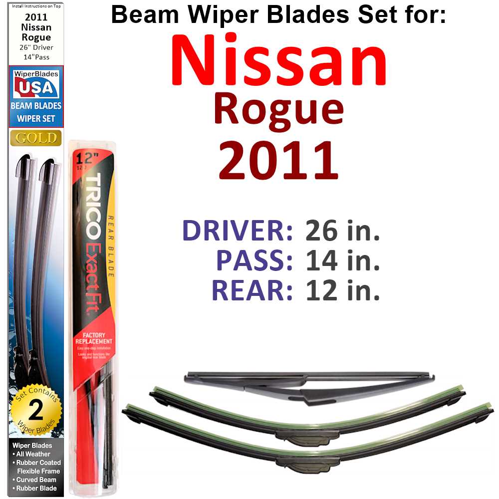 Set of 3 Beam Wiper Blades designed for 2011 Nissan Rogue, showcasing their flexible and durable construction.