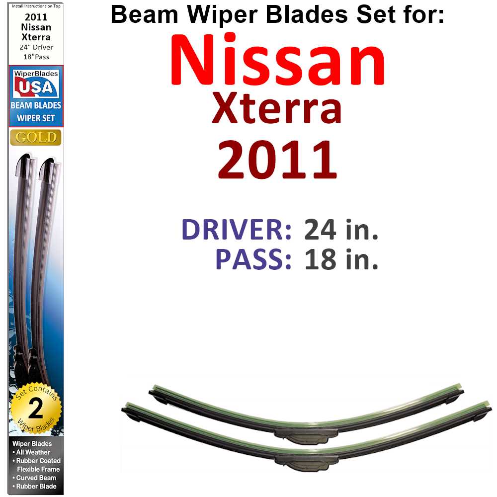 Set of two Beam Wiper Blades designed for 2011 Nissan Xterra, showcasing their flexible and durable construction.