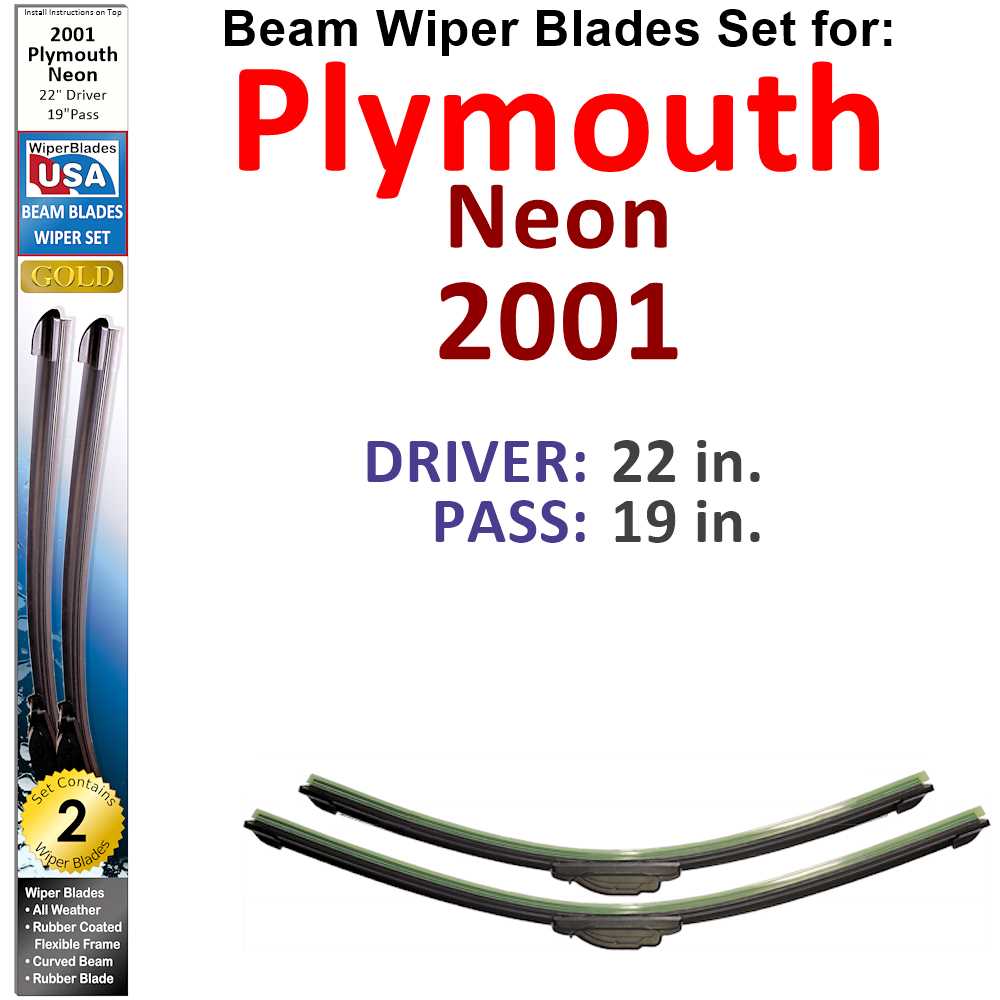 Set of two Beam Wiper Blades designed for 2001 Plymouth Neon, showcasing their flexible and durable construction.