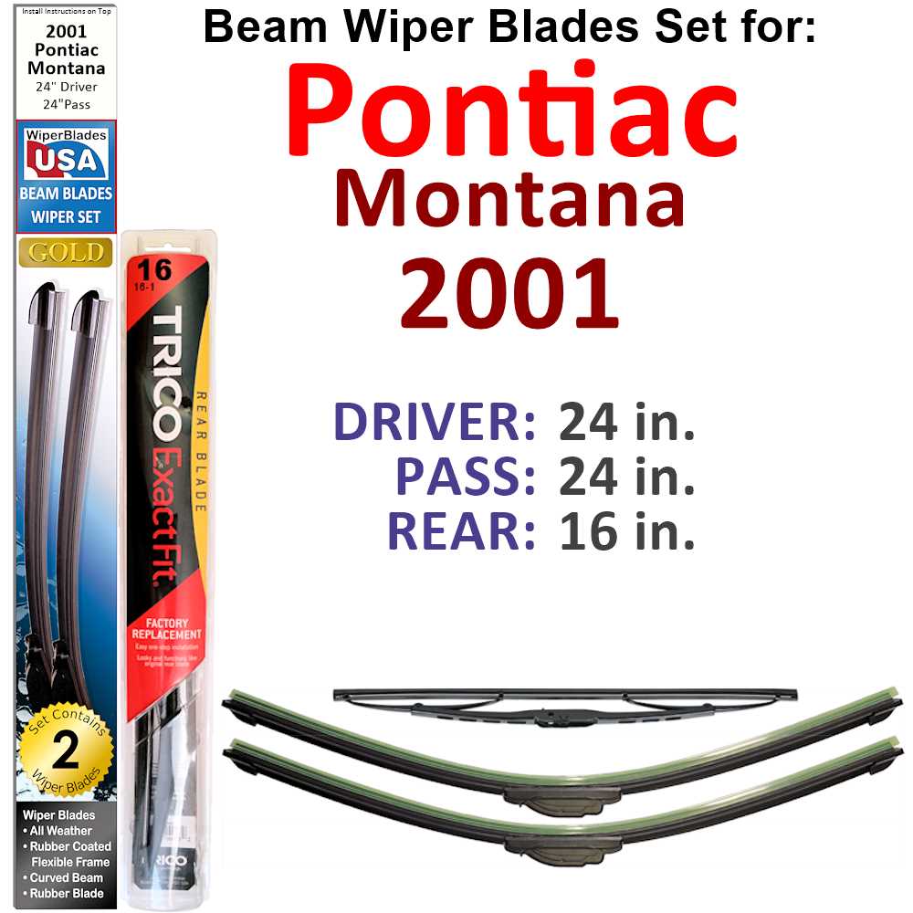 Set of 3 Beam Wiper Blades designed for 2001 Pontiac Montana, showcasing their flexible and durable design.