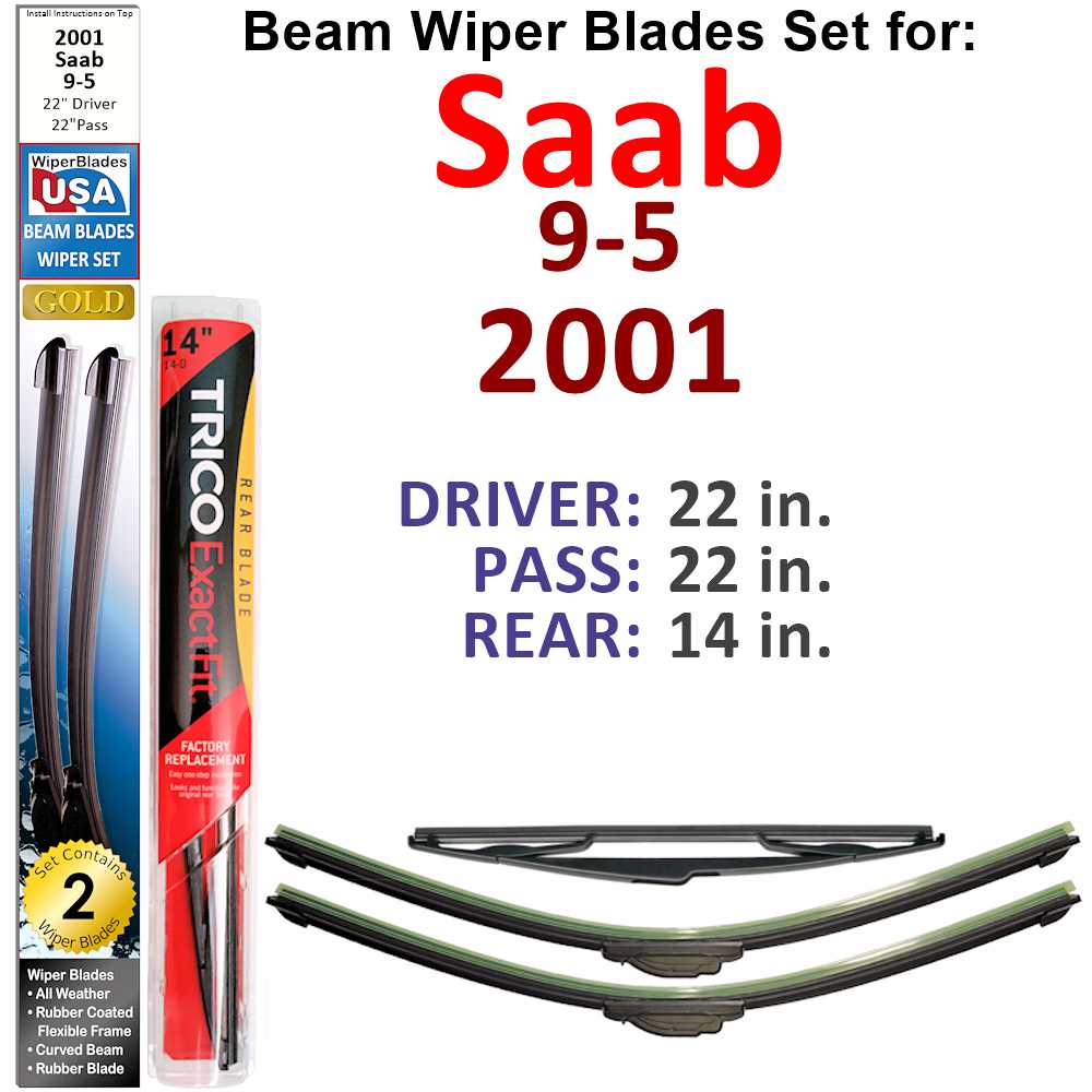 Set of 3 Beam Wiper Blades designed for 2001 Saab 9-5, showcasing their flexible and low-profile design.