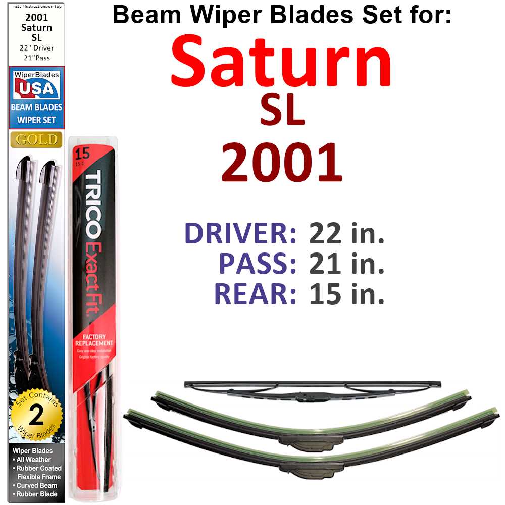 Set of 3 Beam Wiper Blades designed for 2001 Saturn SL, showcasing their flexible and sealed construction for optimal windshield contact.