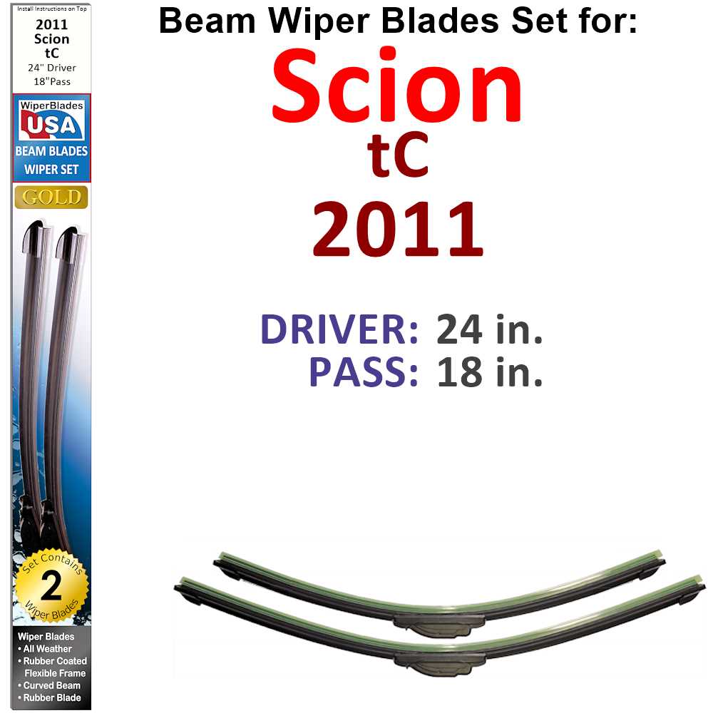 Set of two Beam Wiper Blades designed for 2011 Scion tC, showcasing their flexible and durable construction.