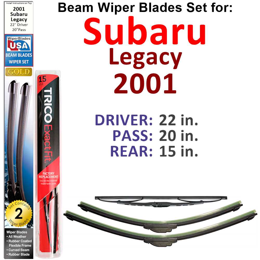 Set of 3 Beam Wiper Blades for 2001 Subaru Legacy, showcasing flexible design and durable rubber construction.