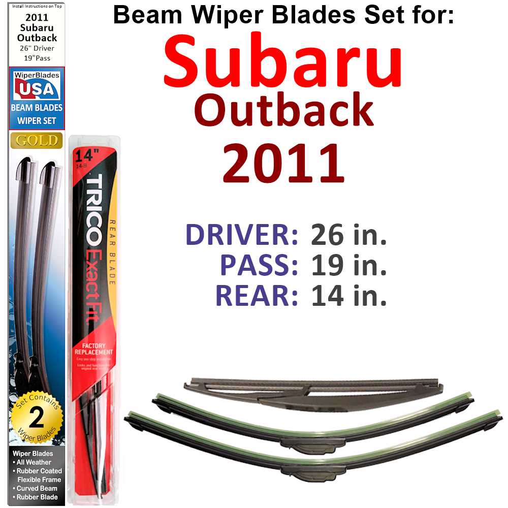 Set of 3 Beam Wiper Blades designed for 2011 Subaru Outback, showcasing their flexible and durable design.