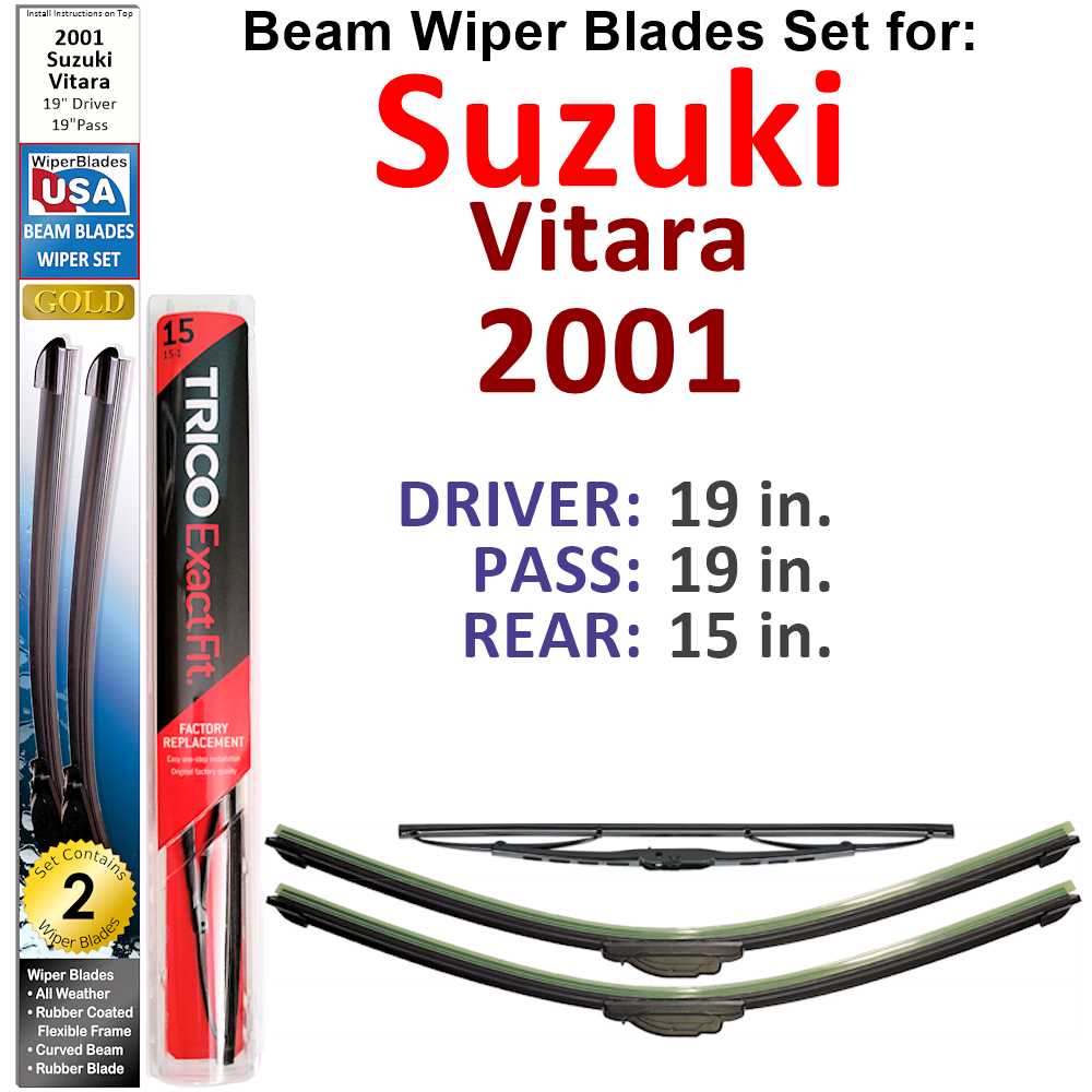 Set of 3 Beam Wiper Blades designed for 2001 Suzuki Vitara, showcasing their flexible and durable construction.