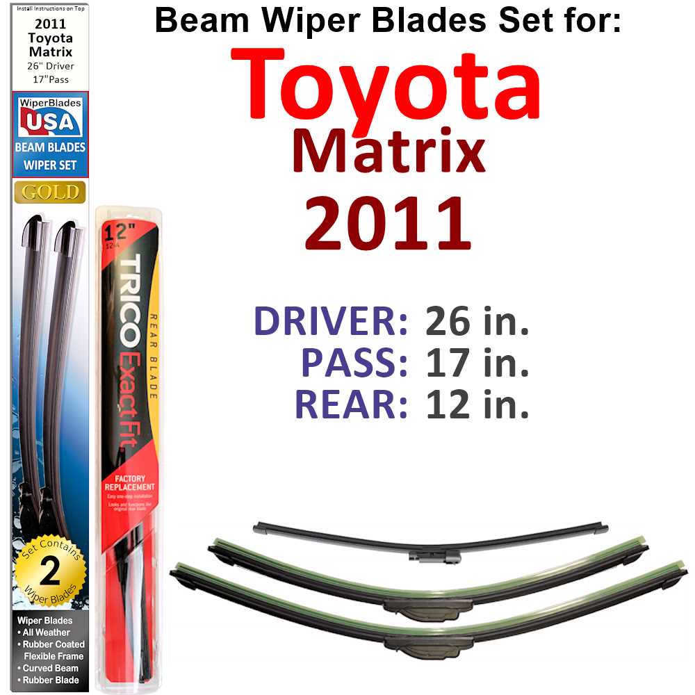 Set of 3 Beam Wiper Blades designed for 2011 Toyota Matrix, showcasing their flexible and durable construction.