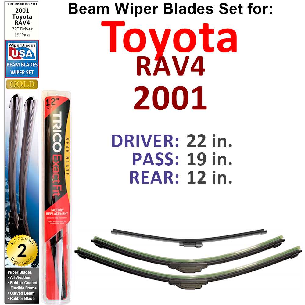 Set of 3 Beam Wiper Blades designed for 2001 Toyota RAV4, showcasing their flexible and durable construction.