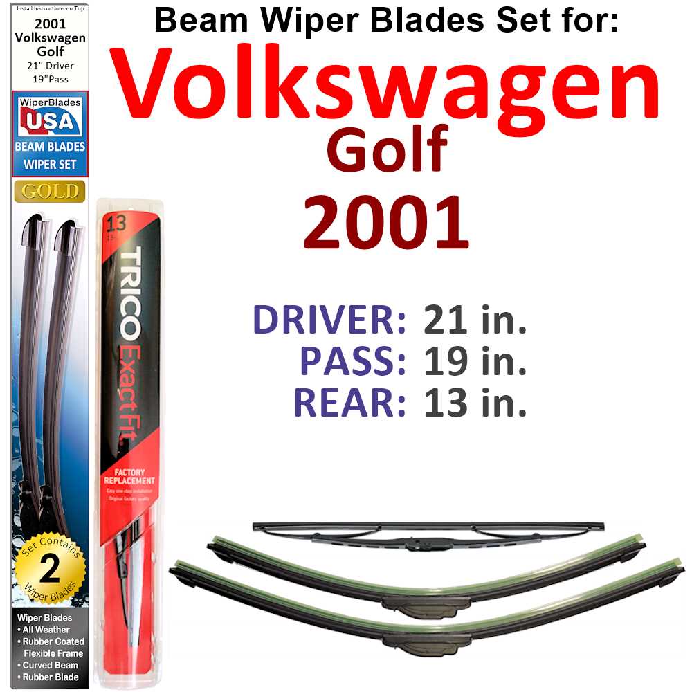 Set of 3 Beam Wiper Blades designed for 2001 Volkswagen Golf, showcasing their flexible and sealed design for optimal performance.