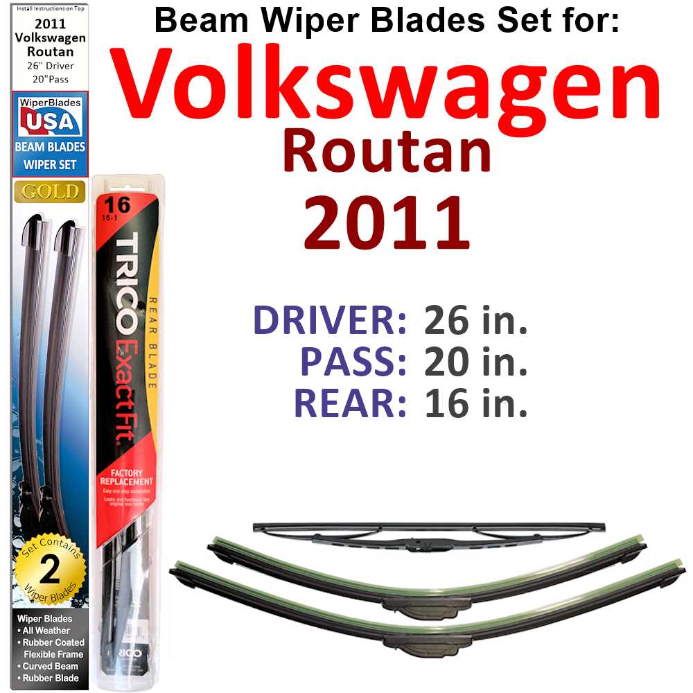 Set of 3 Beam Wiper Blades designed for 2011 Volkswagen Routan, showcasing their flexible and durable construction.