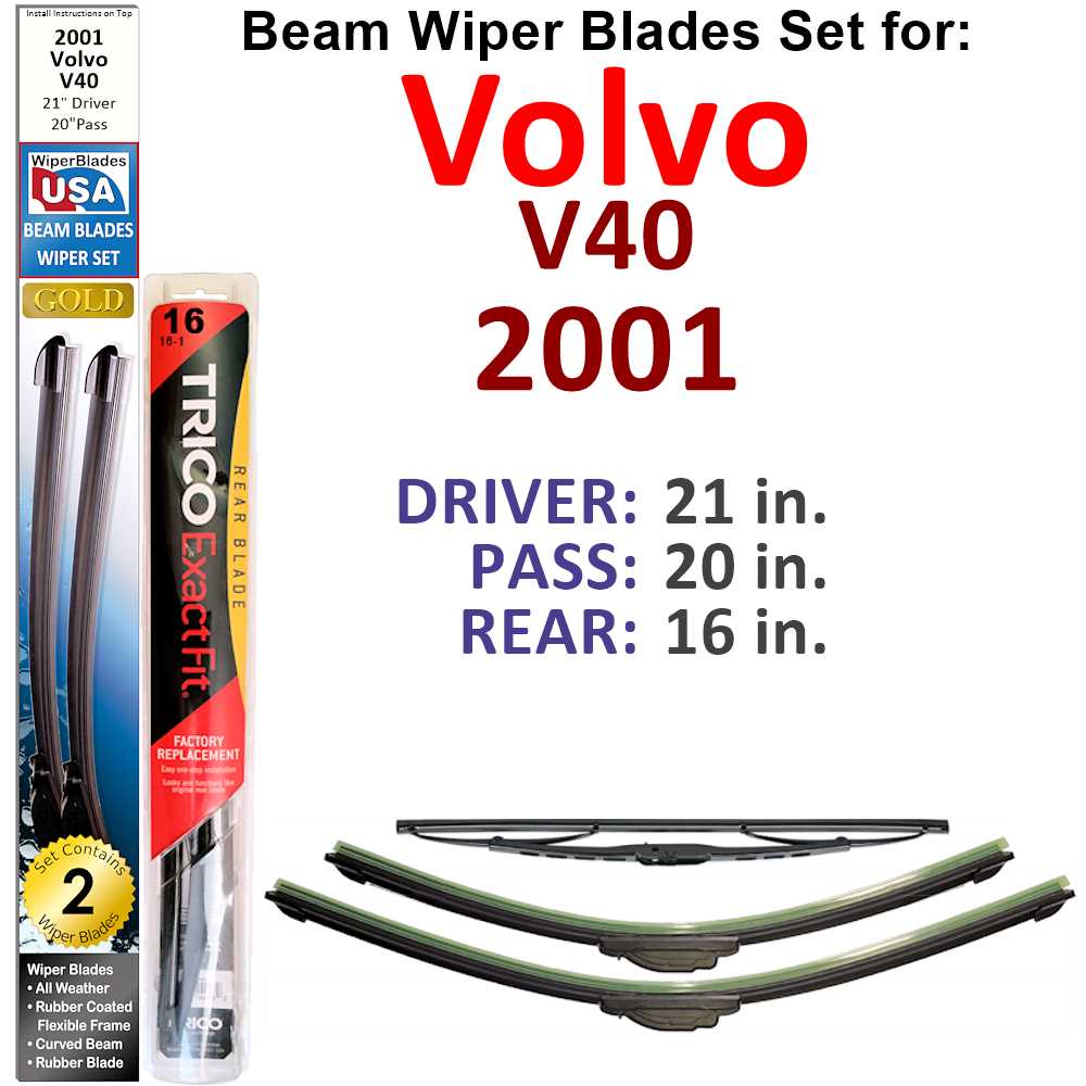 Set of 3 Beam Wiper Blades designed for 2001 Volvo V40, showcasing their flexible and durable design.