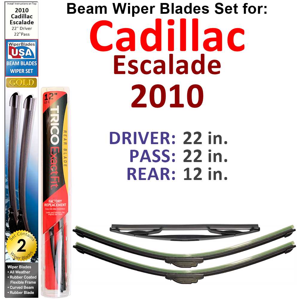 Set of 3 Beam Wiper Blades designed for 2010 Cadillac Escalade, featuring a low-profile and flexible design for optimal windshield contact.