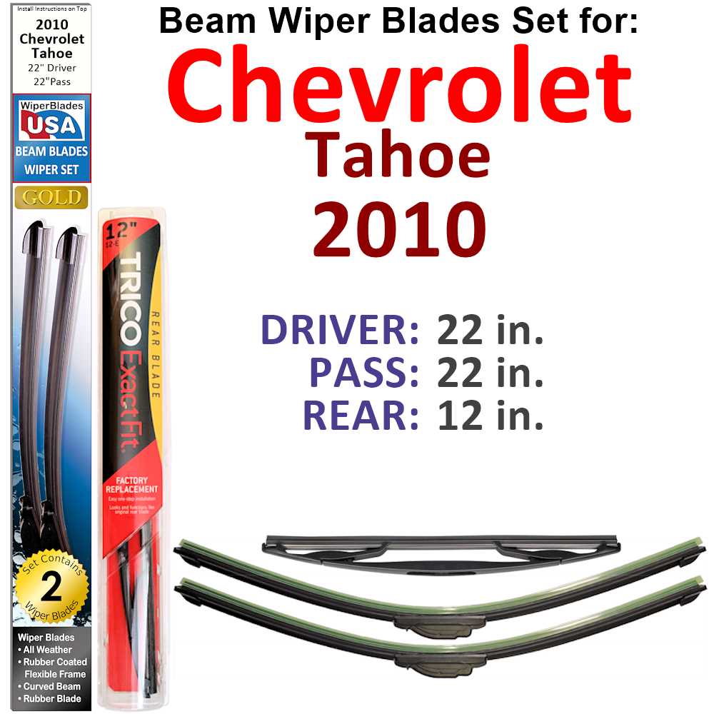 Set of 3 Beam Wiper Blades designed for 2010 Chevrolet Tahoe, showcasing their flexible and durable construction.