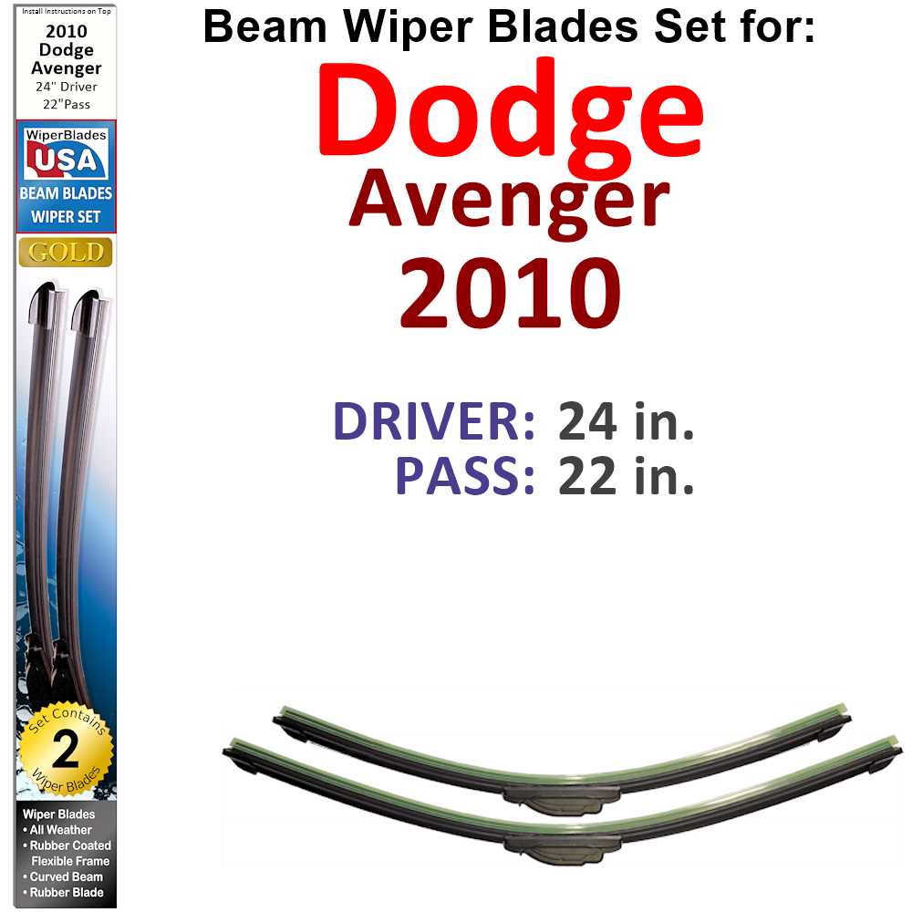 Set of 2 Beam Wiper Blades designed for 2010 Dodge Avenger, showcasing their flexible and durable construction.