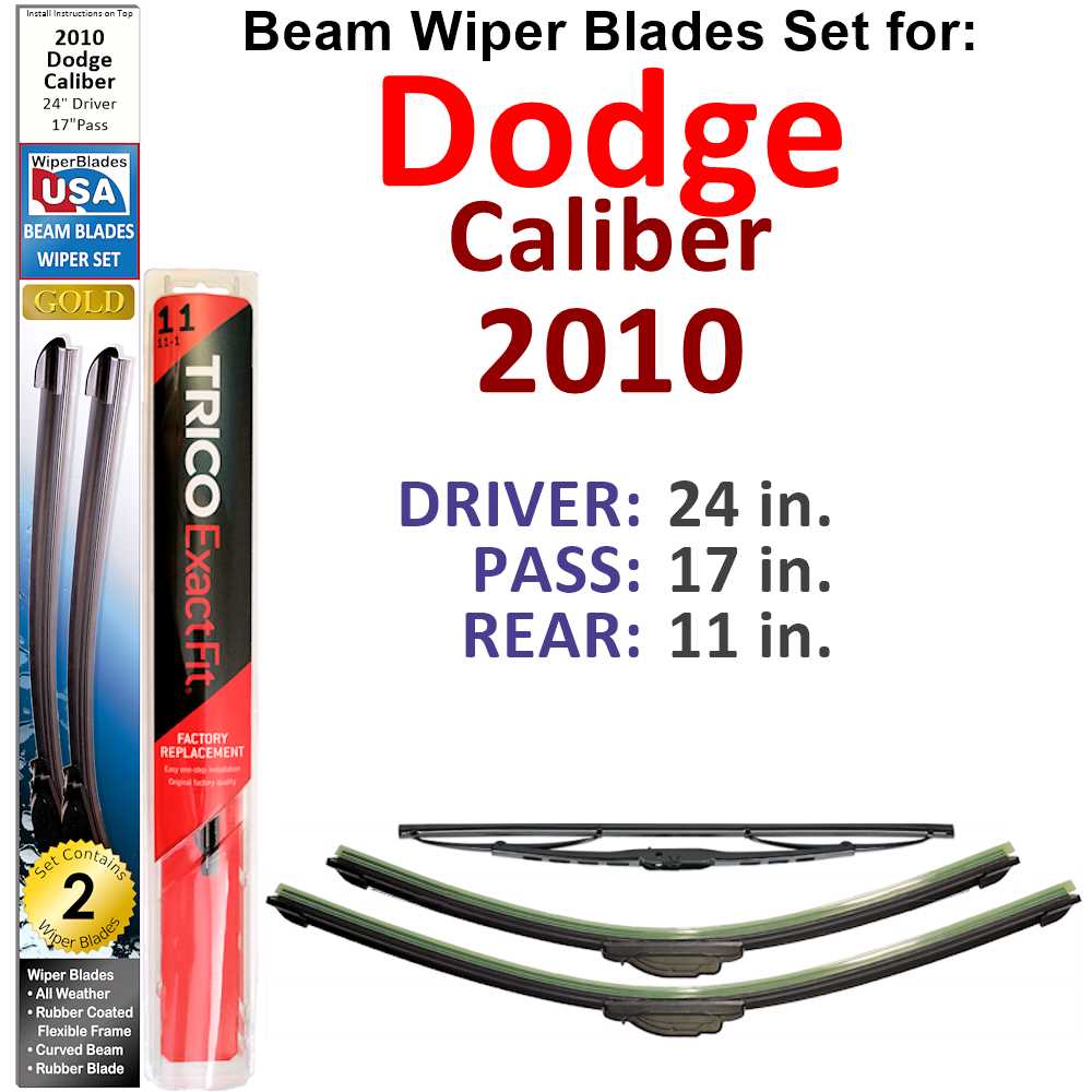 Set of 3 Beam Wiper Blades designed for 2010 Dodge Caliber, showcasing their sleek design and durable construction.