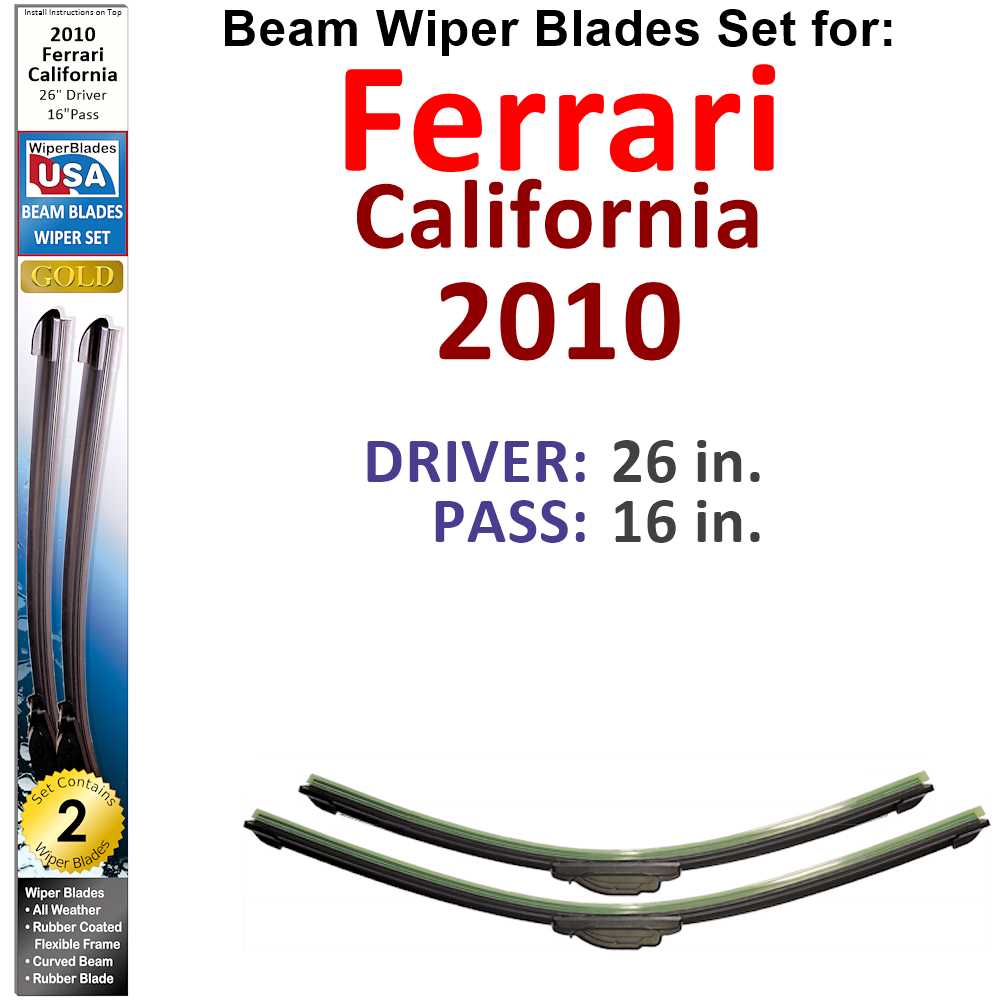 Set of 2 Beam Wiper Blades designed for 2010 Ferrari California, showcasing their sleek design and durable construction.