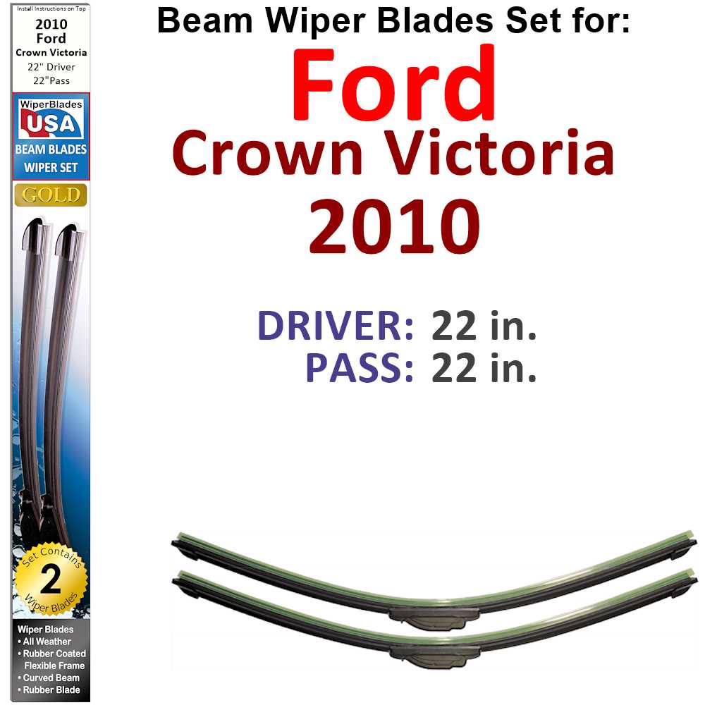 Set of 2 Beam Wiper Blades designed for 2010 Ford Crown Victoria, showcasing their flexible and durable construction.