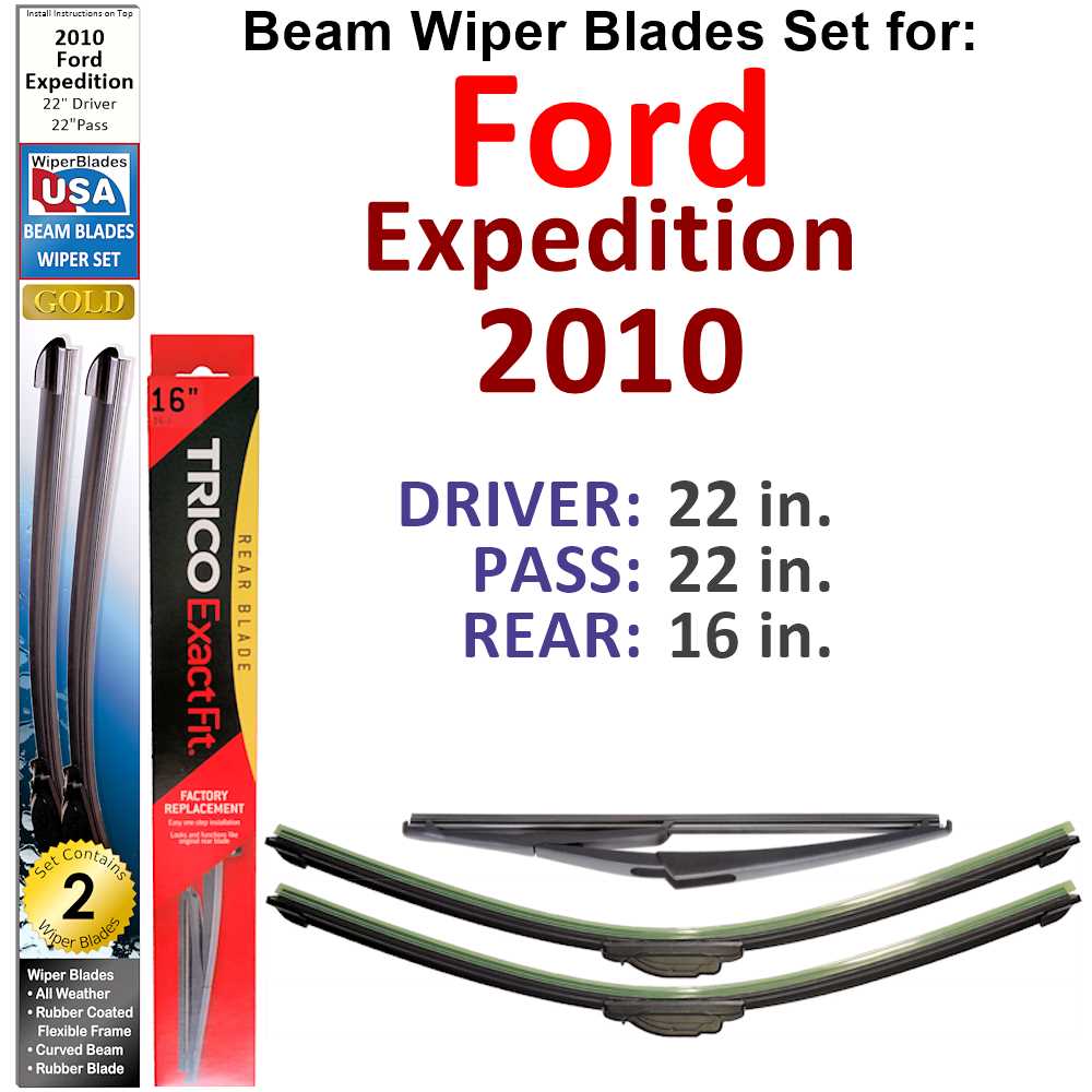 Set of 3 Beam Wiper Blades designed for 2010 Ford Expedition, showcasing their flexible and durable construction.