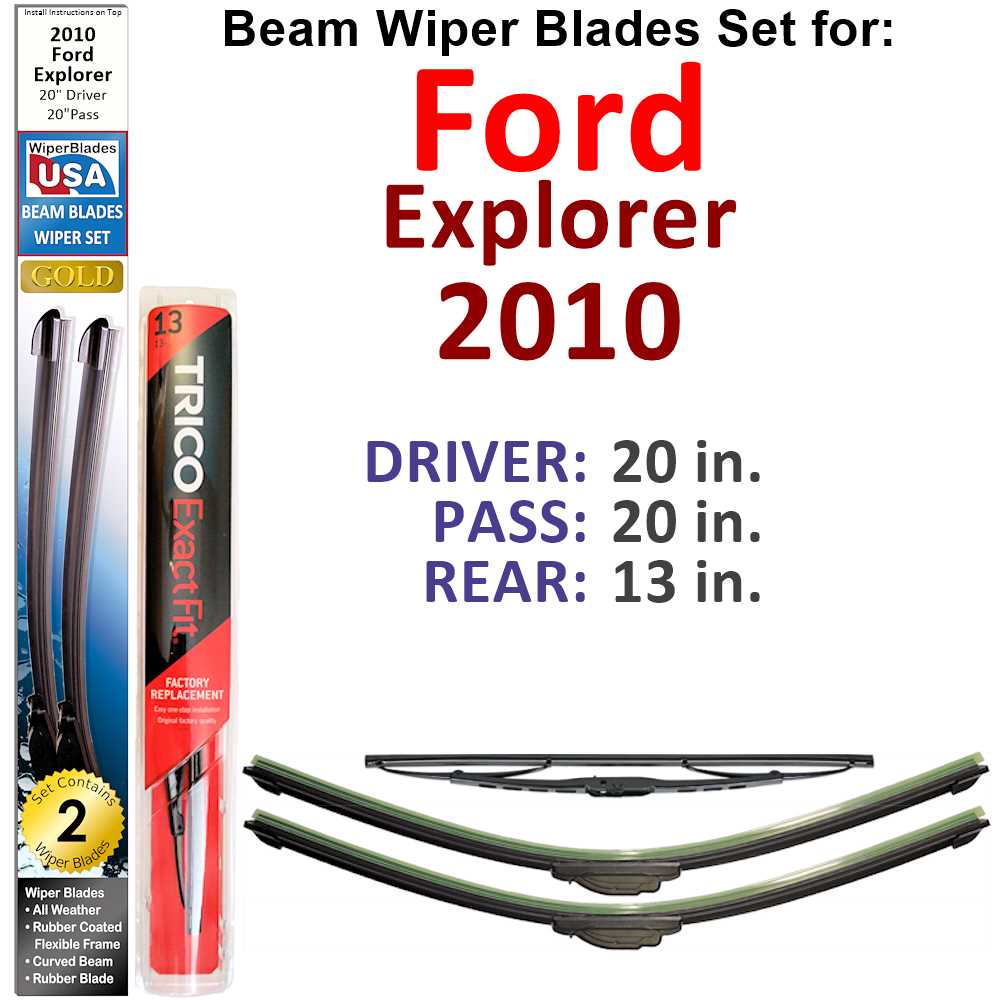 Set of 3 Beam Wiper Blades designed for 2010 Ford Explorer, showcasing their flexible and durable design.