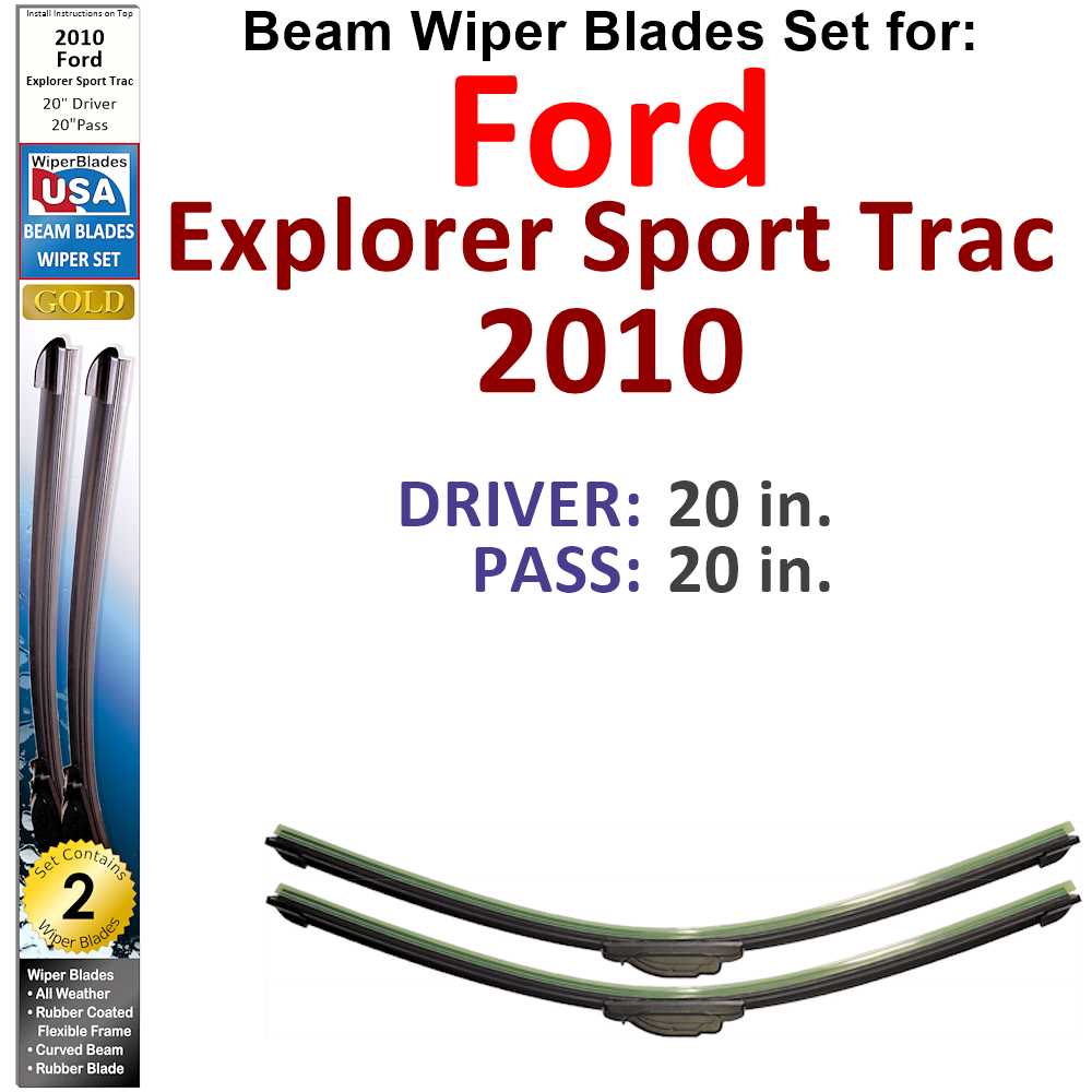 Set of 2 Beam Wiper Blades designed for 2010 Ford Explorer Sport Trac, showcasing their flexible and durable design.