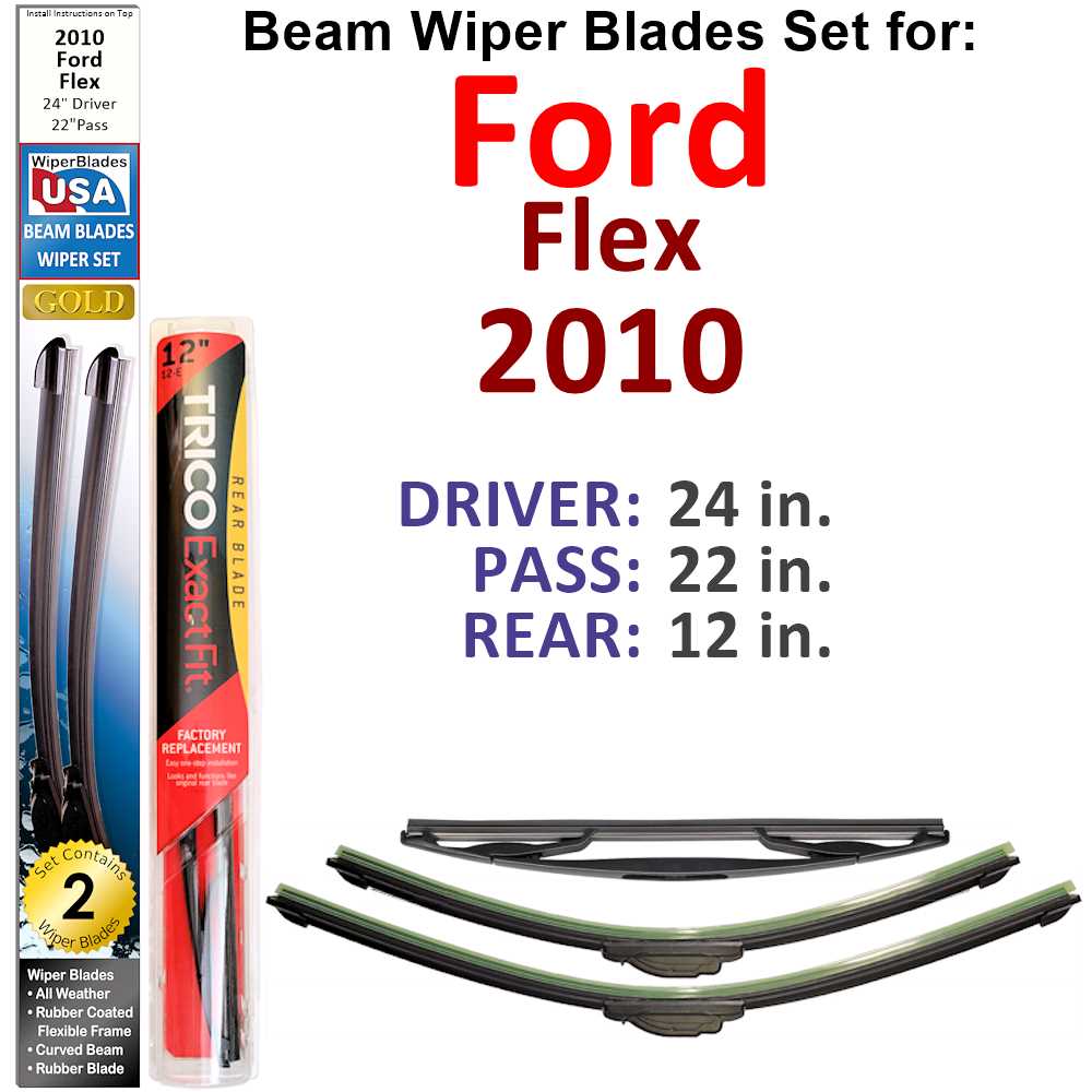 Set of 3 Beam Wiper Blades designed for 2010 Ford Flex, showcasing their flexible and durable construction.