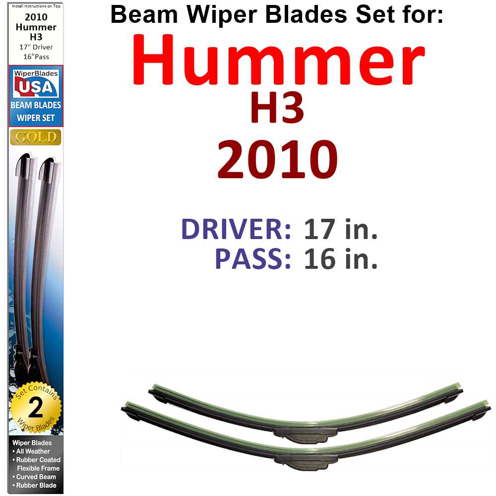 Set of 2 Beam Wiper Blades designed for 2010 Hummer H3, showcasing their flexible and durable construction.