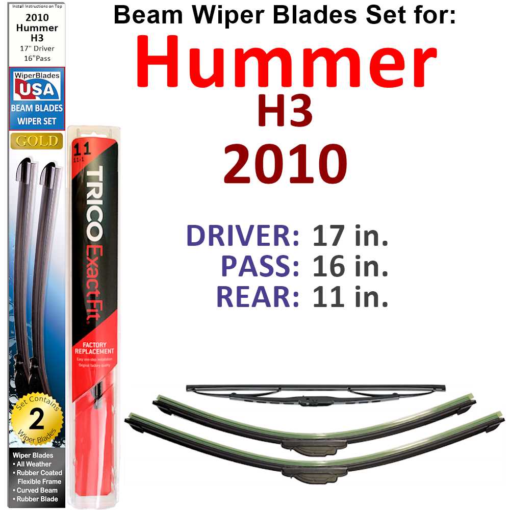 Set of 3 Beam Wiper Blades designed for 2010 Hummer H3, showcasing their flexible and durable construction.