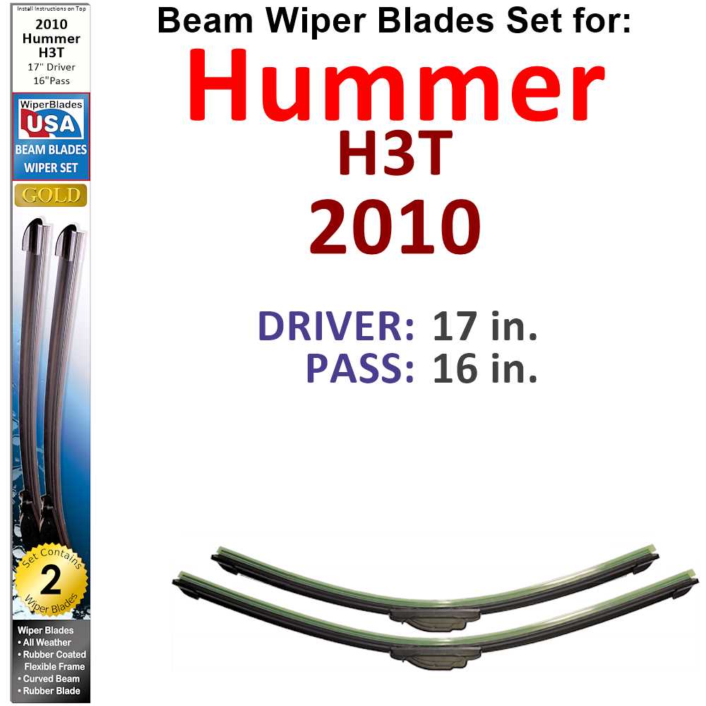 Set of 2 Beam Wiper Blades designed for 2010 Hummer H3T, showcasing their flexible and durable design.