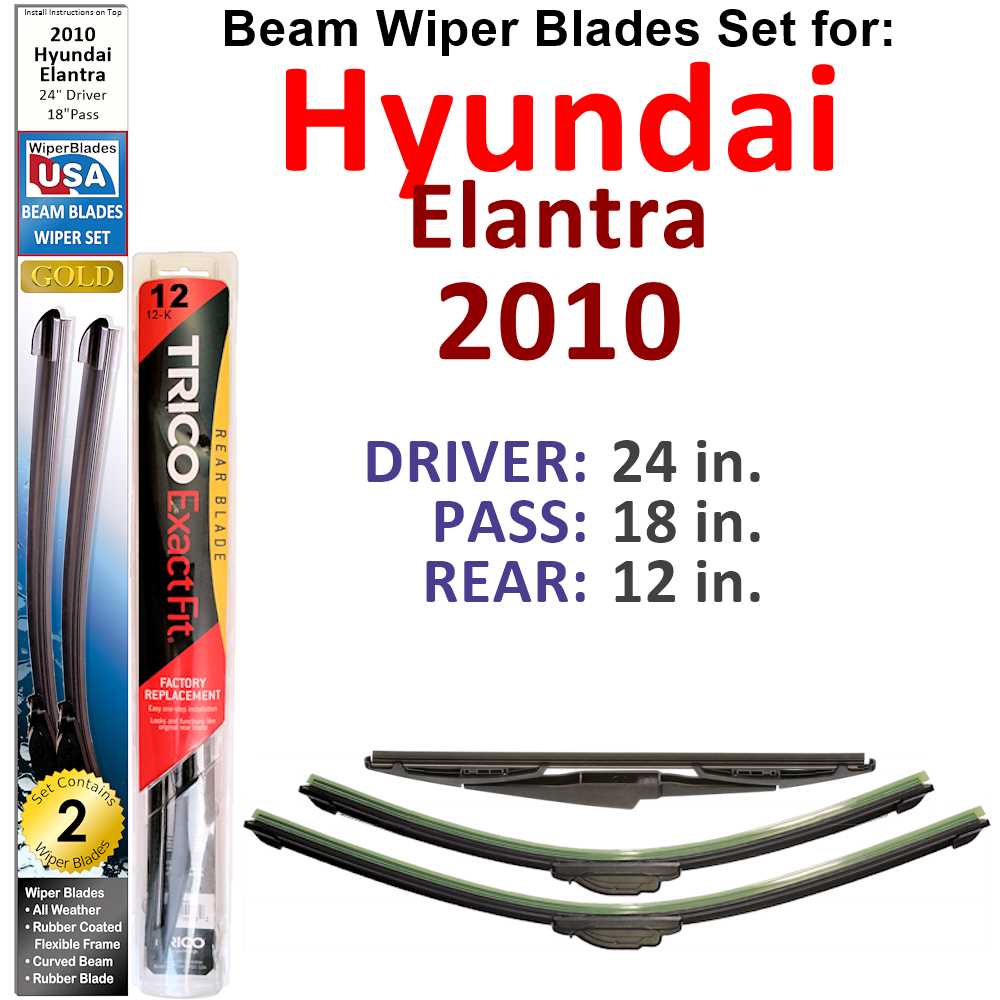 Set of 3 Beam Wiper Blades designed for 2010 Hyundai Elantra, showcasing their flexible and sealed design for optimal performance.