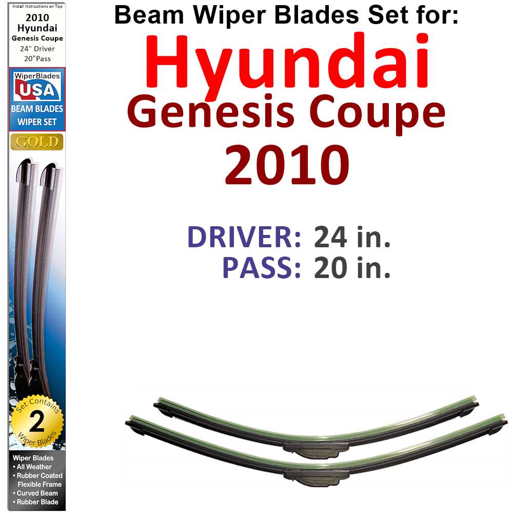 Set of two Beam Wiper Blades for 2010 Hyundai Genesis Coupe, showcasing their flexible design and rubber-encased metal spine.