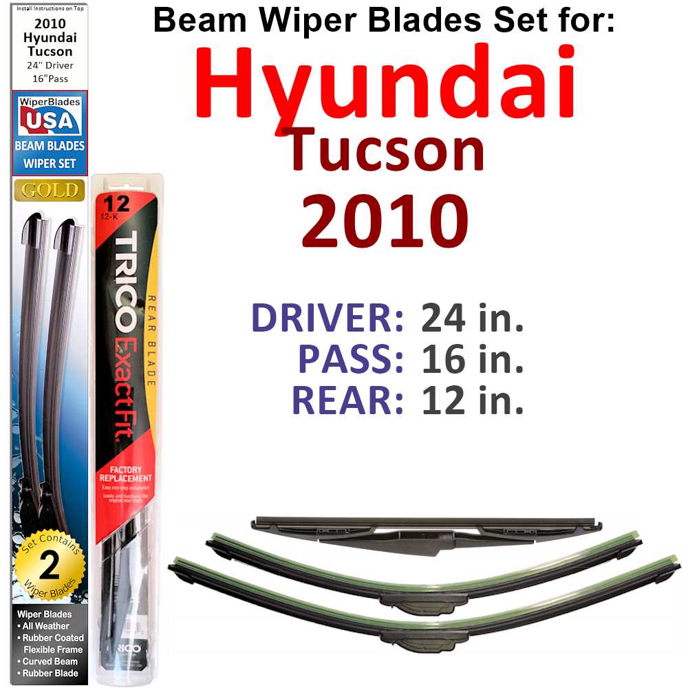 Set of 3 Beam Wiper Blades designed for 2010 Hyundai Tucson, showcasing their flexible and durable construction.