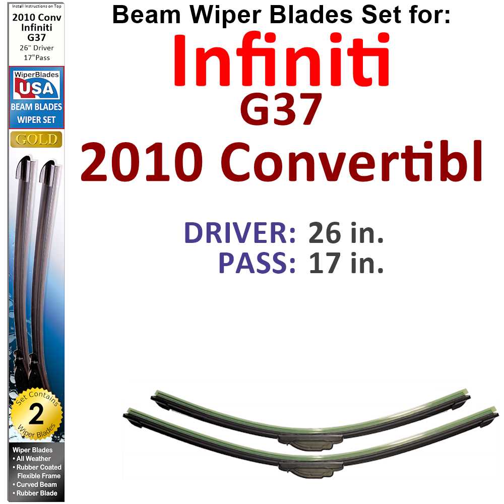 Set of two Beam Wiper Blades designed for 2010 Infiniti G37 Convertible, showcasing their sleek low-profile design and durable construction.