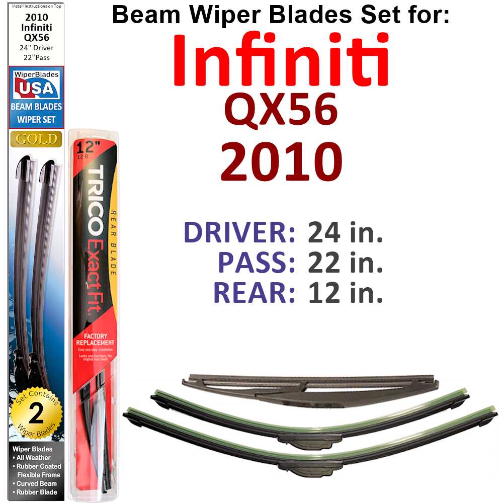 Set of 3 Beam Wiper Blades designed for 2010 Infiniti QX56, showcasing their flexible and durable construction.