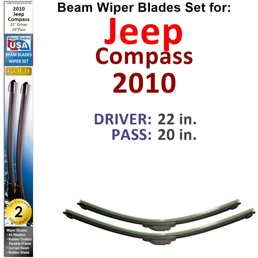 Set of two Beam Wiper Blades designed for 2010 Jeep Compass, showcasing their flexible and durable construction.