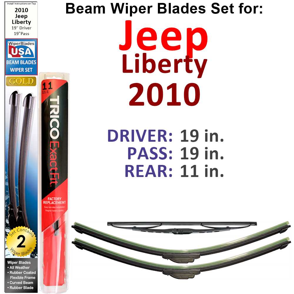 Set of 3 Beam Wiper Blades designed for 2010 Jeep Liberty, showcasing their flexible and durable construction.