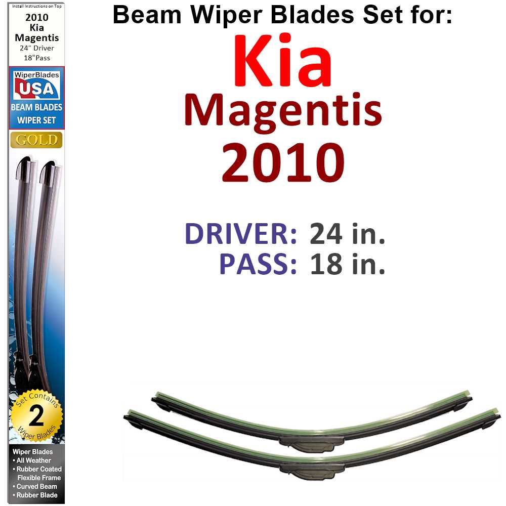 Set of two Beam Wiper Blades designed for 2010 Kia Magentis, showcasing their flexible and durable construction.