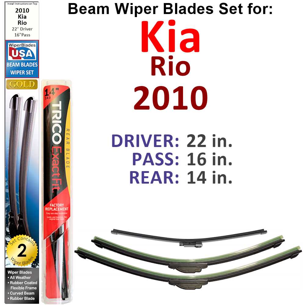 Set of 3 Beam Wiper Blades for 2010 Kia Rio, showcasing their flexible design and rubber-encased metal spine for durability.