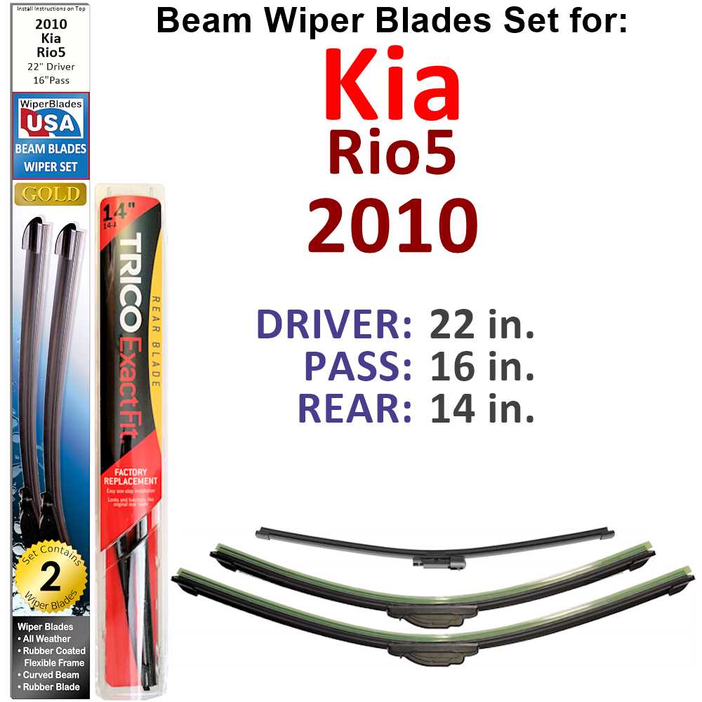 Set of 3 Beam Wiper Blades designed for 2010 Kia Rio5, showcasing their flexible and durable construction.