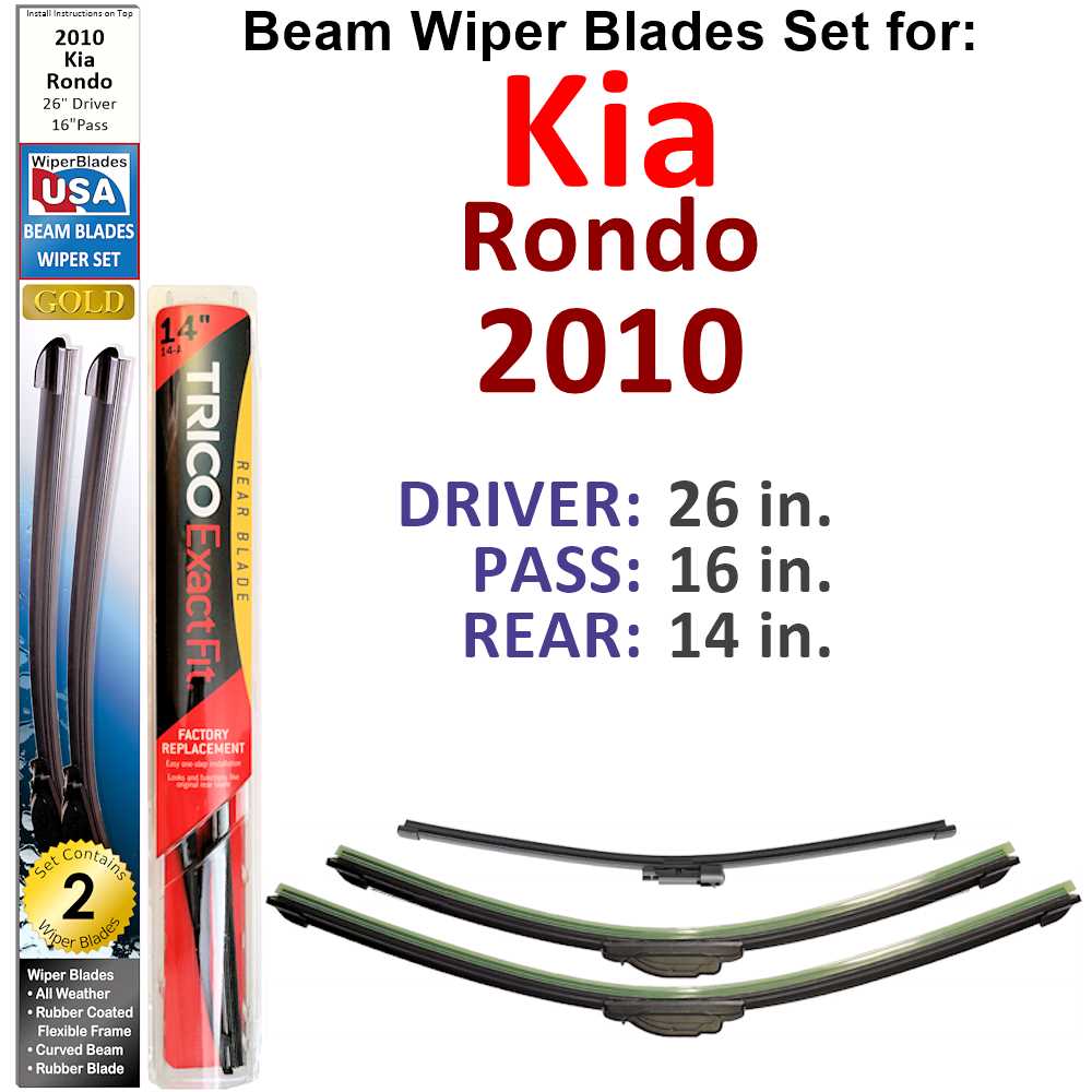 Set of Beam Wiper Blades for 2010 Kia Rondo, showcasing three blades designed for optimal fit and performance.