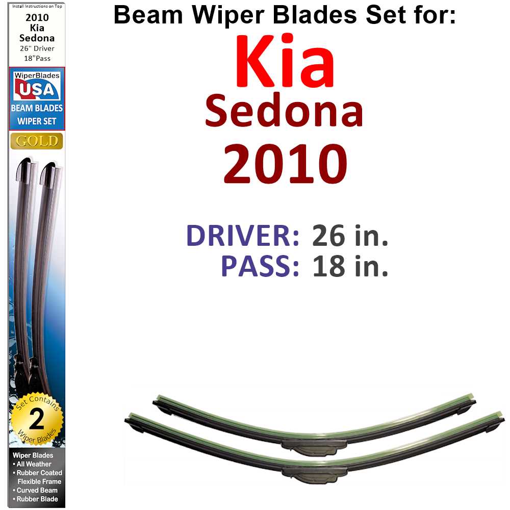 Set of two Beam Wiper Blades designed for 2010 Kia Sedona, showcasing their flexible and durable construction.