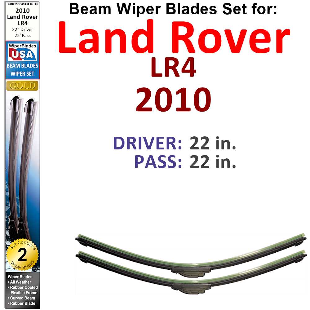 Set of two Beam Wiper Blades designed for 2010 Land Rover LR4, showcasing their sleek design and durable construction.