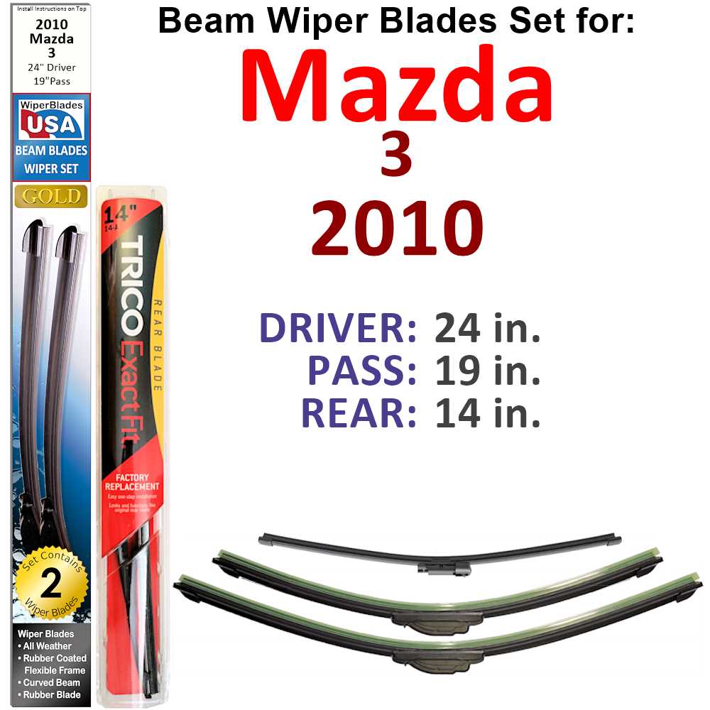 Set of 3 Beam Wiper Blades designed for 2010 Mazda 3, showcasing their flexible and durable construction.