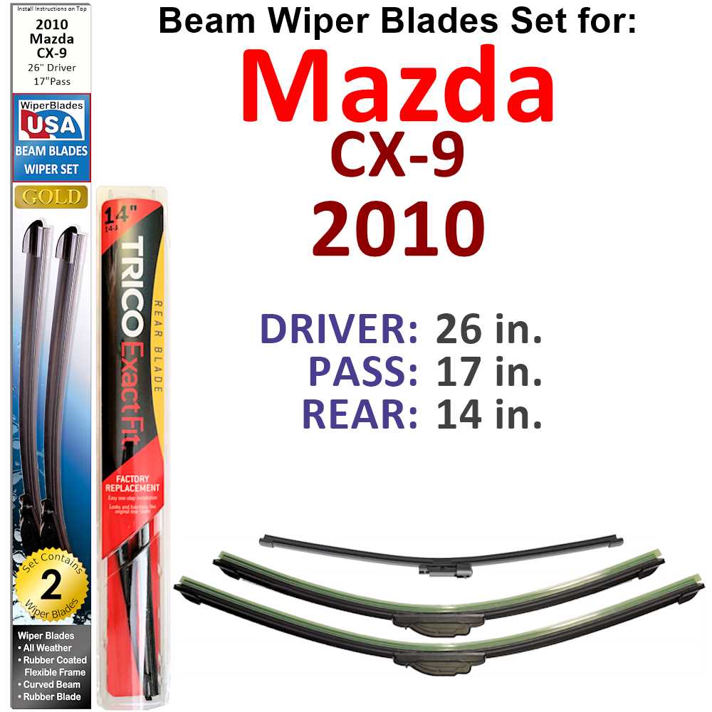 Set of 3 Beam Wiper Blades designed for 2010 Mazda CX-9, showcasing their flexible and durable construction.