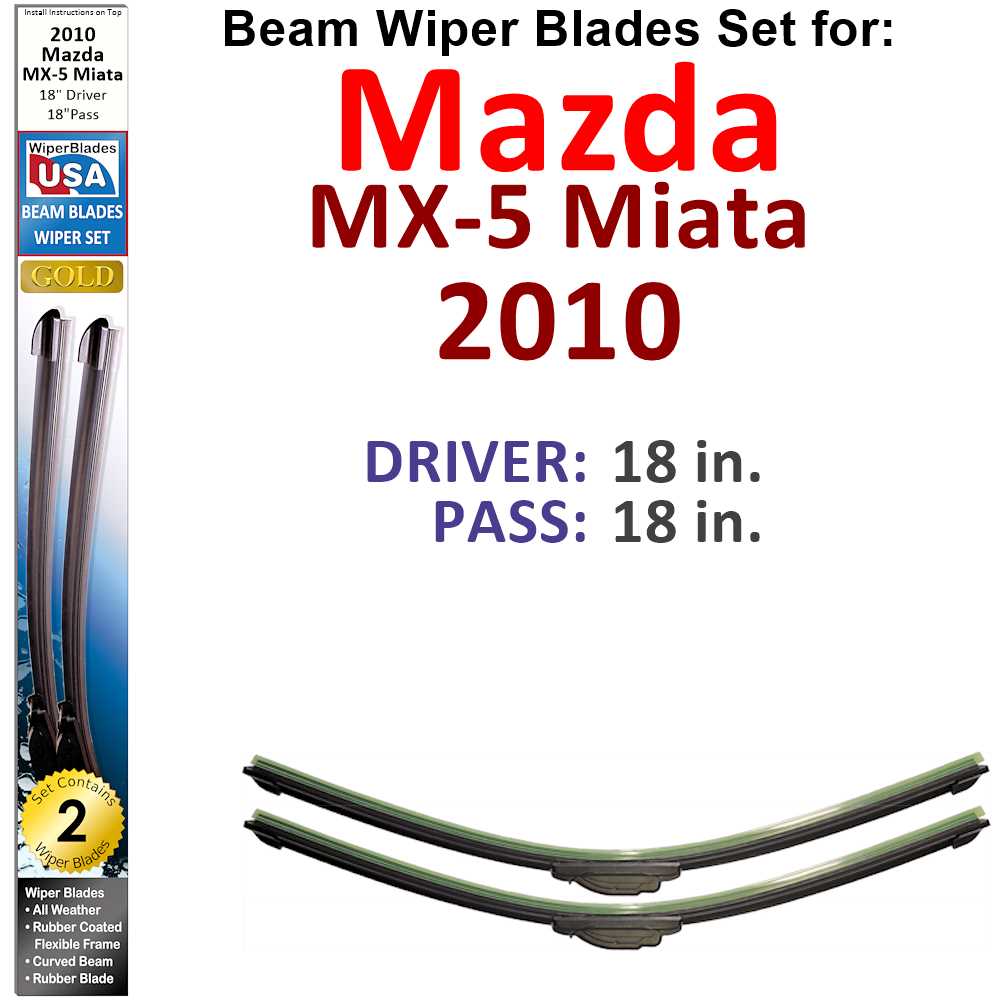 Set of two Beam Wiper Blades designed for 2010 Mazda MX-5 Miata, showcasing their flexible and sealed design for optimal performance.