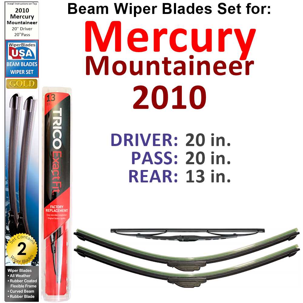 Set of 3 Beam Wiper Blades designed for 2010 Mercury Mountaineer, showcasing their flexible and sealed design for optimal performance.