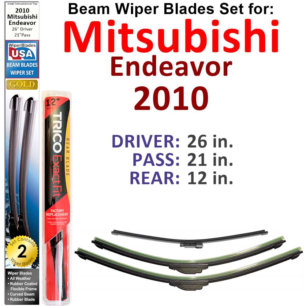 Set of 3 Beam Wiper Blades designed for 2010 Mitsubishi Endeavor, showcasing their flexible and durable construction.