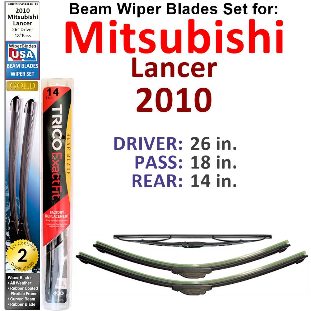 Set of 3 Beam Wiper Blades for 2010 Mitsubishi Lancer, showcasing their flexible design and durable construction.