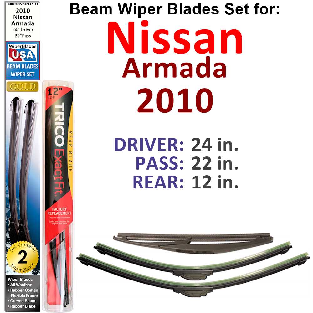 Set of 3 Beam Wiper Blades designed for 2010 Nissan Armada, showcasing their flexible and durable construction.