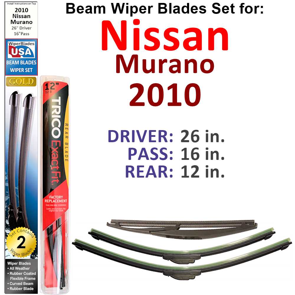 Set of 3 Beam Wiper Blades designed for 2010 Nissan Murano, showcasing their sleek design and durable construction.