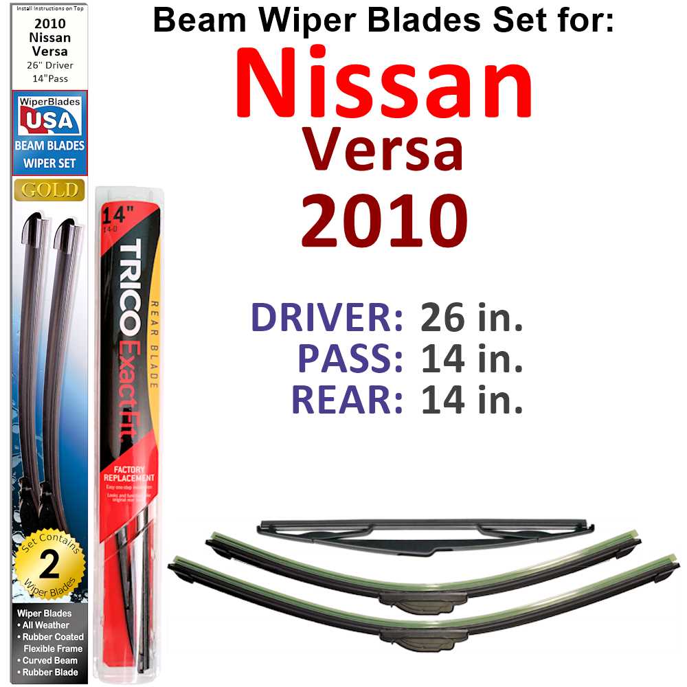 Set of 3 Beam Wiper Blades for 2010 Nissan Versa, showcasing their flexible design and durable rubber construction.